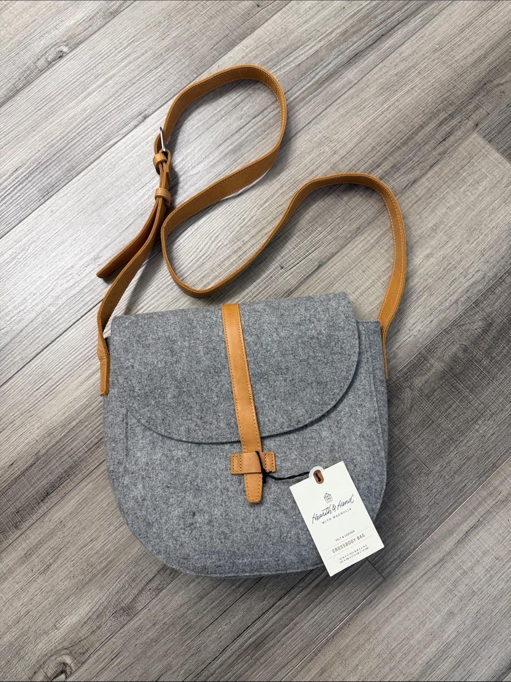 Heritage Gray Felt Crossbody with Tan Leather Strap Accent